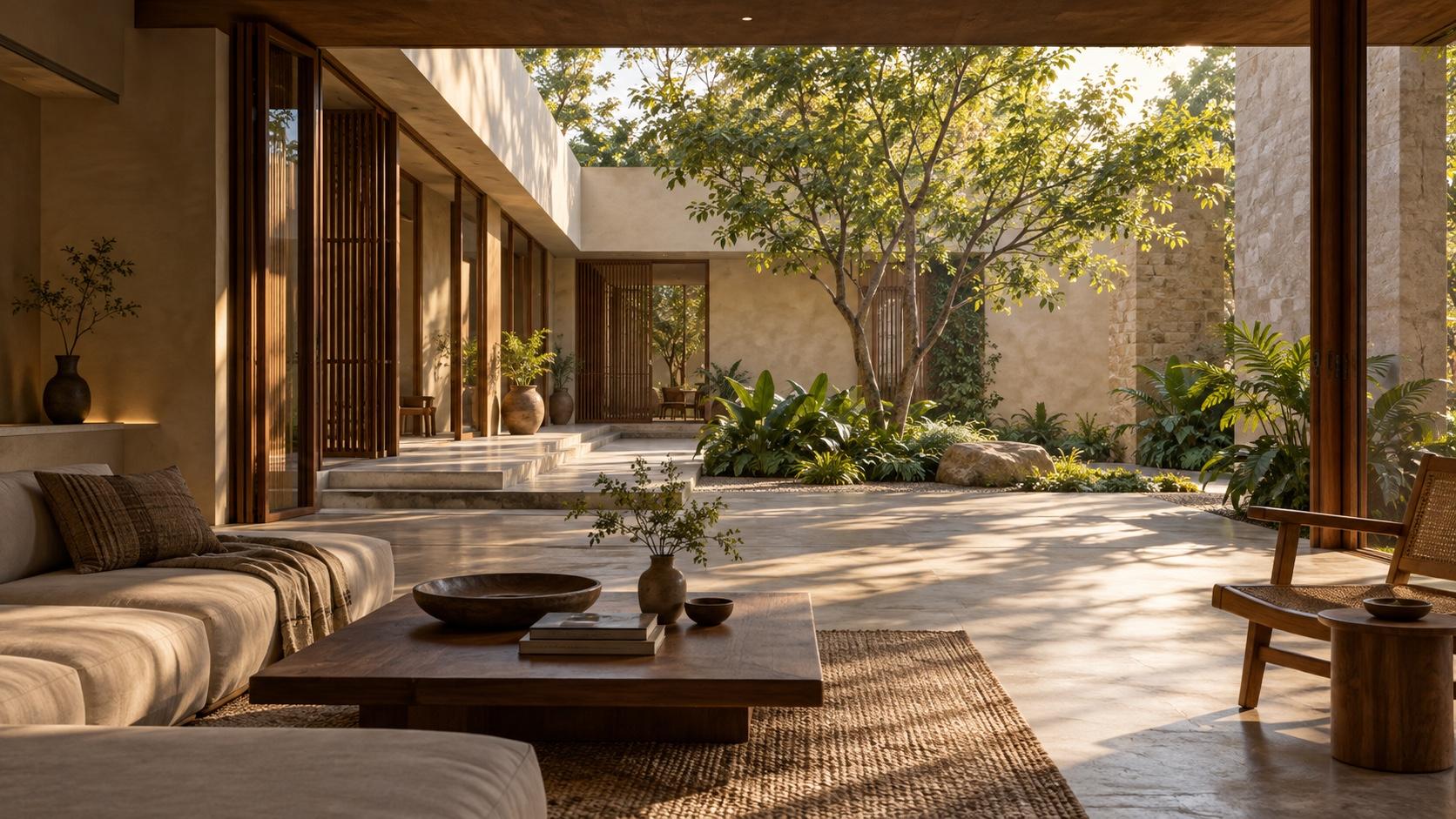Concept visualisation of a contemporary courtyard home with warm stone, timber screens and a sunlit garden.